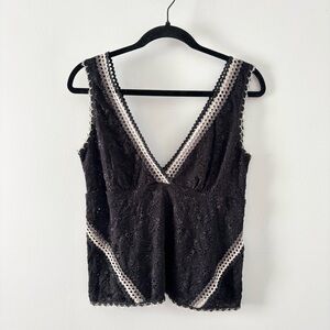 Anna Sui Vintage Y2K Tank Top Lace V-Neck Plunge Eyelet Scallop Trim Black